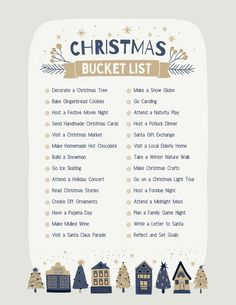 a christmas bucket list with houses and trees