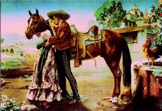 a painting of a man and woman kissing next to a horse