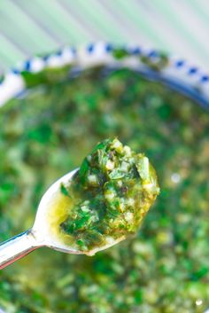 a spoon full of broccoli soup on top of a blue and white plate