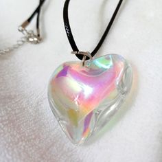 Rainbow Transparent Glass Heart Choker Necklace Elegant Clear Heart-shaped Necklace, Elegant Clear Heart Shaped Necklace, Elegant Heart-shaped Clear Necklace, Clear Heart Pendant Jewelry For Valentine's Day, Trendy Silver Heart Necklace For Party, Trendy Silver Glass Necklace, Valentine's Day Silver Glass Necklaces, Valentine's Day Clear Jewelry For Party, Valentine's Day Silver Glass Necklace