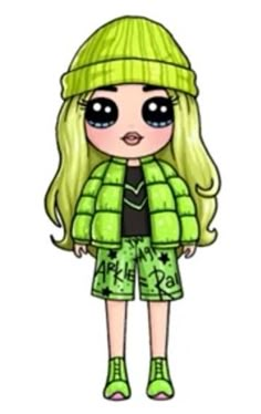 a drawing of a girl with long blonde hair wearing green pants and a beanie