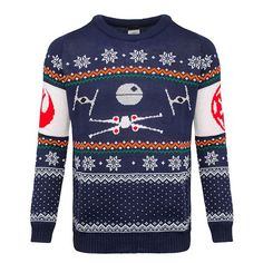 a blue sweater with star wars on the front and red, white, and blue design