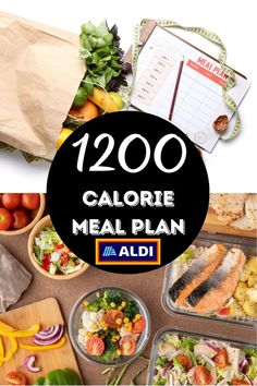 Image showing a detailed meal plan with fresh groceries and prepared meals, highlighting a 1200 calorie diet using Aldi products for an efficient and budget-friendly approach to healthy eating. Grocery Budget, Meal Prep Ideas