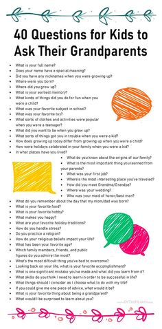 a poster with the words 40 questions for kids to ask their grandparents