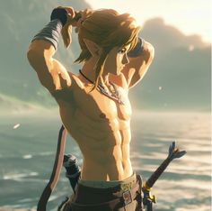 an animated image of a nude woman holding two swords in front of the ocean and mountains