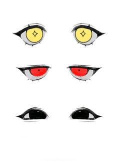 four different eyes with yellow and red contacts on the upper half of each eye, one is