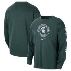 The Men's Nike Green Michigan State Spartans Heritage Max90 Long Sleeve T-Shirt is the perfect way to show your support for the Spartans. Made from soft cotton, this loose-fitting tee features the iconic Michigan State Spartans logo, so you can proudly represent your team wherever you go. Whether you're cheering them on at the game or just showing your Spartan spirit, this shirt is a must-have for any fan. Loose fit Officially licensed Material: 100% Cotton Brand: Nike Crew neck Long sleeve Mach Michigan State Spartans Logo, Spartans Logo, Nike Web, Nike Crew Neck, Michigan State Spartans, Nike Green, Michigan State, Mens Green, Men's Nike