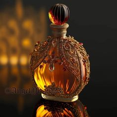 a bottle of perfume sitting on top of a reflective surface in front of a black background