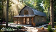 this is an artist's rendering of a small house in the woods