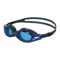 a pair of swimming goggles with blue lenses on the front and side of the goggles