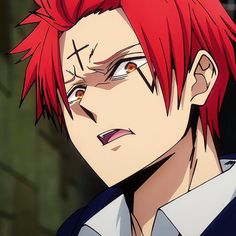 an anime character with red hair staring at something in the distance while he stares straight ahead