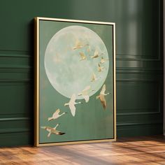 birds flying in front of a full moon on a green wall with wood flooring