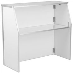 a white office desk with an open door on the top and bottom shelf above it