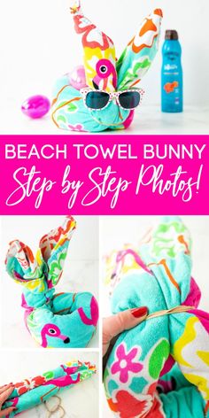 How to Make a Bunny with a Beach Towel How To Make A Bunny Out Of A Towel, How To Fold A Towel Into A Bunny, Easter Gifts To Make For Kids, Beach Towel Easter Basket How To Make, Easter Beach Ideas, Fun Easter Basket Ideas For Kids, Easter On Vacation, Bunny Towel Folding, Beach Towel Bunny How To Make