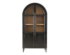 a black cabinet with glass doors on the front and bottom, in an arch shape