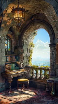 an artistic painting of a room with a view