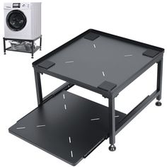 a black table with wheels and a washing machine