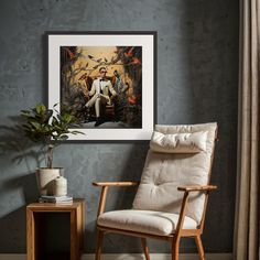 a chair sitting in front of a painting on the wall next to a potted plant