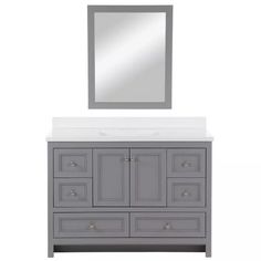 a bathroom vanity with a mirror above it