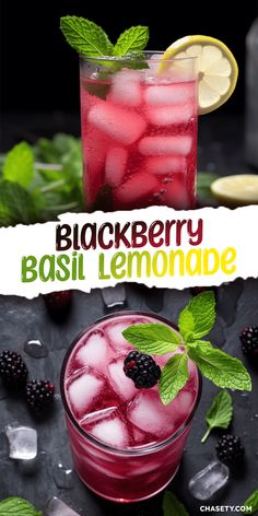 the blackberry basil lemonade is garnished with fresh blackberries