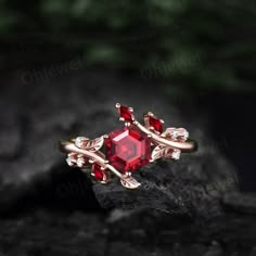 "This is a hexagon cut 6x6mm 1ct lab red ruby engagement ring in solid gold, The accent stones are natural ruby and diamonds or moissanites. (Silver ring with lab ruby). The band width is about 1.4mm. It can be made in any ring size. However please contact me to custom make it to a special big or small size. It can be made in white gold,rose gold or yellow gold with 14k or 18k. However for some people who are nickel allergic,I can also make it to 925 sterling silver to make you can wear it. The Red Engagement Ring, Red Diamond Ring, Garnet Ring Vintage, Ruby Wedding Rings, Cluster Diamond Ring, Rose Gold Leaf, Natural Ruby Ring, Garnet Engagement Ring, Red Garnet Ring