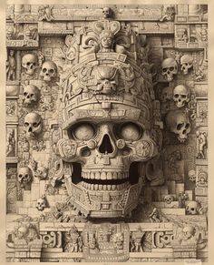 a drawing of a skull with many skulls on it's face and head in the background