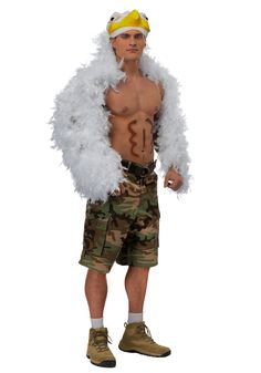 a man in camouflage shorts and a white feathered jacket