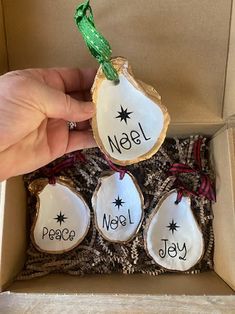 someone is holding three ornaments in a box with the words noel, noel, and jey