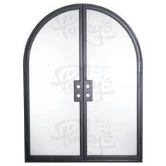 an arched glass door with the word iron doors on it's side and black frame