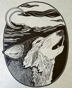 a black and white drawing of a wolf