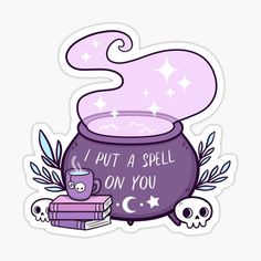 a pot with a spell on it next to two skulls and stars in the background