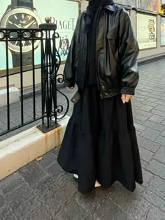 Leather Jacket Modest Outfit, Cute Modest Hijabi Outfits, Maxi Skirt With Leather Jacket, Black Skirt Modest Outfit, Black Maxi Skirt Outfit Modest, Evanescence Aesthetic Outfit, Hijabi Leather Jacket Outfit, Hijabi Outfits With Skirts, Cool Hijabi Outfits