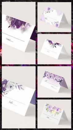 four different images of purple flowers and white cards with the same color, size and shape