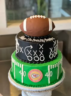 three tiered cake decorated with footballs and numbers