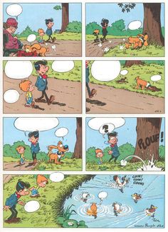 a comic strip with cartoon characters playing in the water