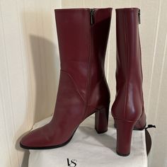 Round-Toe Boots With Inner Ankle Zipper Closure. Boot Shaft Height 8” | Heel 3.5” | 100% Leather Red Leather Boots, Visual Archive, Red Boots, Fashion 2024, Toe Boots, Mid Calf Boots, Shoes Heels Boots, Mid Calf, Fall Fashion