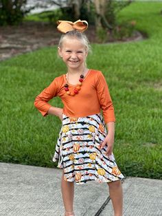 Pumpkin stripe twirl ballerina. Solid orange bodice, pumpkins and stripes. 3/4 length sleeve. Cross back. Super soft, comfy and stretchy material. BIG TWIRL Solid Orange, Lafayette La, Twirl Dress, Dress Purchase, Jogger Set, Daughter Love, Stretchy Material, Bodice, Length Sleeve