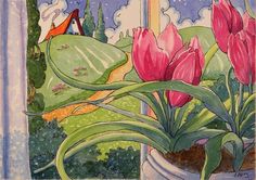 a painting of pink tulips in a vase on a window sill