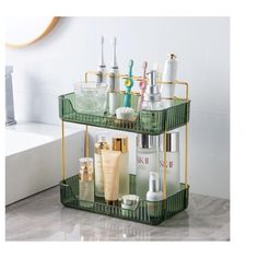 three tiered shelf with bottles and toothbrushes on it