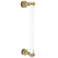 an image of a brass finish toilet roll holder with clear glass cover and gold accents