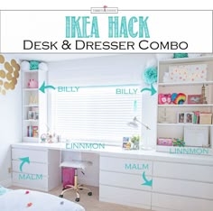 an ikea hack desk and dresser combo in a child's bedroom with the words ikea hack on it