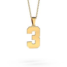 "\"Gold Number Necklace 3\" Give the perfect gift of a personalized number necklace to your athlete! The number necklace in sport font is the perfect item for all sports fans. Have one or two numbers custom made on this pendant, donning your favorite player's number around your neck. This unisex pendant looks great on everyone! It will be a perfect gift option for school teams. It is the perfect gift for birthdays, special occasions, and for your children that they can use for a lifetime. Constr 13 Number Jewelry, Number Plate Necklace, Number 30 Necklace, 7 Necklace Number, Personalized Number Necklace, Lucky Number Necklace, Sports Fonts, Number Necklace, Silver Numbers