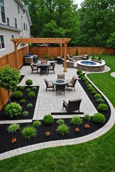 an outdoor patio with seating and landscaping