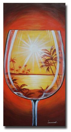 a painting of a wine glass with palm trees in the background and an orange sky