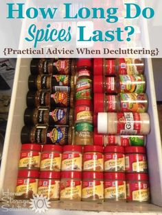 an open drawer filled with canned food and labeled how long do spice's last?