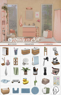 a pink themed sims 4 bathroom with a collage of bathroom decor pieces below