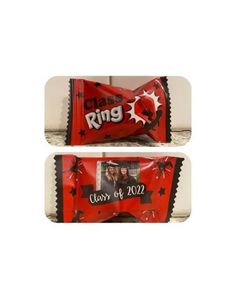 two red candy bars with the words class ring on them, and one has an image of