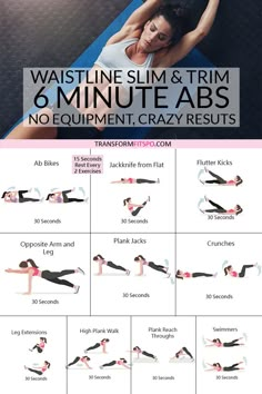 a woman doing an exercise with the text waistline slim & trim 6 minute abss no equipment crazy results