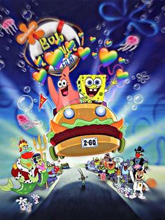 the spongebob movie poster is featured in this image, with many cartoon characters surrounding it