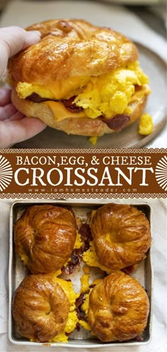 the bacon egg and cheese croissant is in a box with other pastries